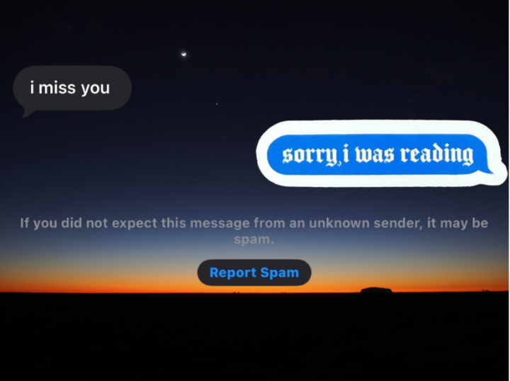 text message screen. Message received: I miss you. Message Reply: sorry, I was reading.